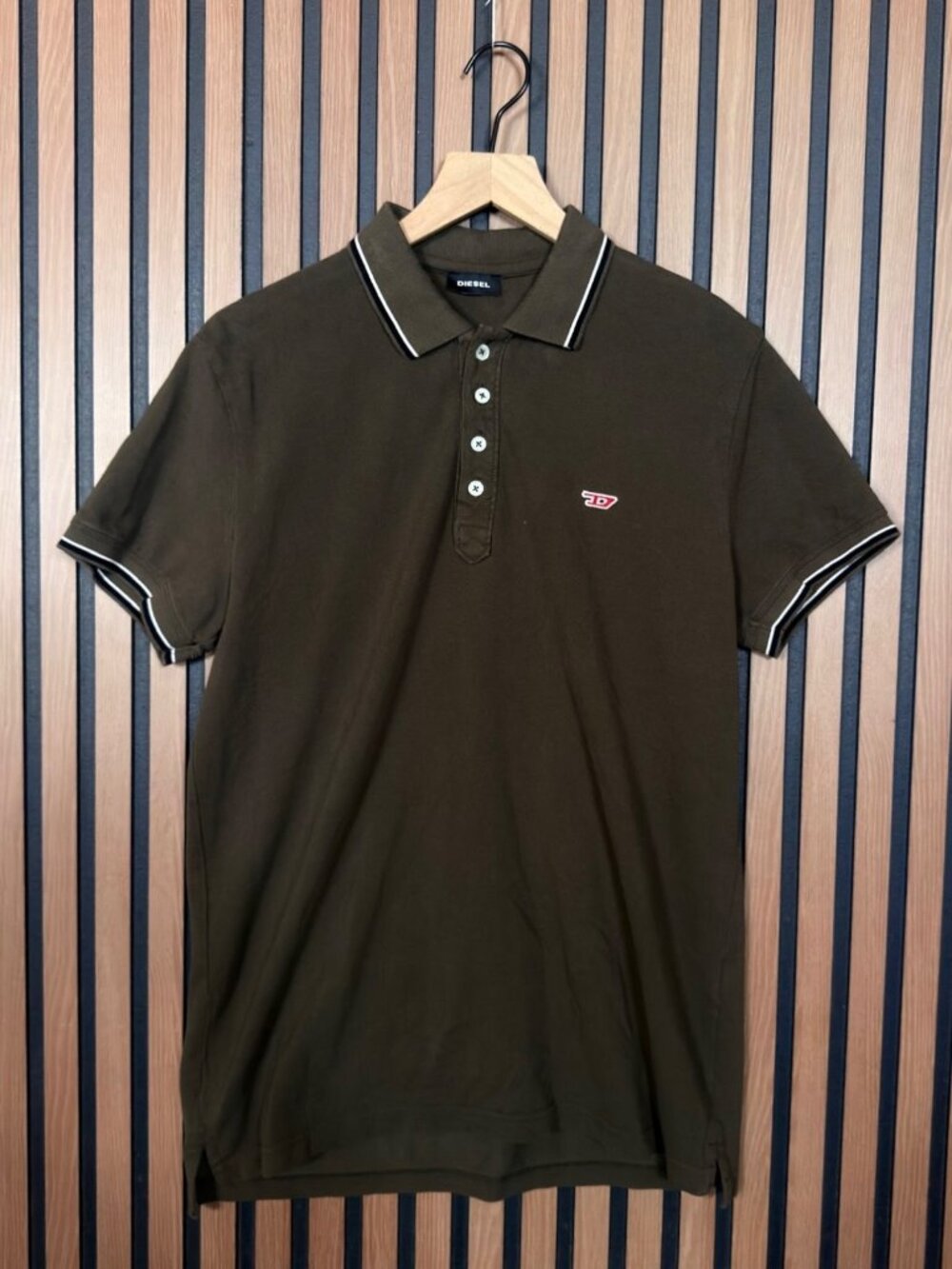 Diesel Polo Shirt Large Womens Brown White Trim Short Sleeve 100% Cotton Casual